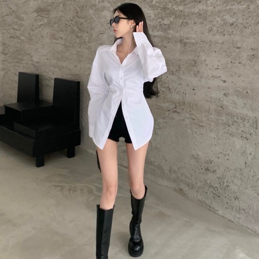 港风Polo领收腰衬衫